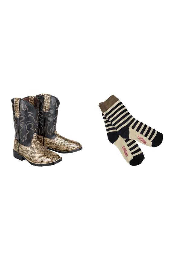 Children's Snake In My Boot Western Boot- 11- Black-Orange With Free Assorted Striped Socks