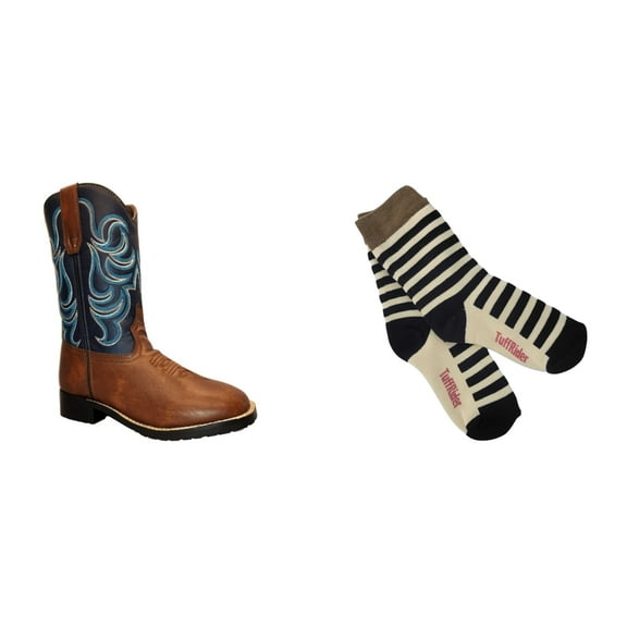 TuffRider Children's Zion Square Toe Western Boot- Brown w/ Blue- 10C With Free Assorted Striped Socks
