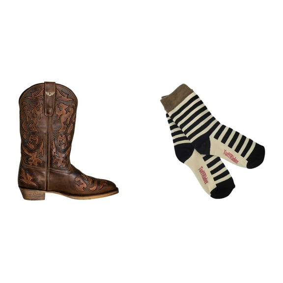TuffRider Ladies Jackson Square Toe Western Boot- Brown- 6.5 With Free Assorted Striped Socks