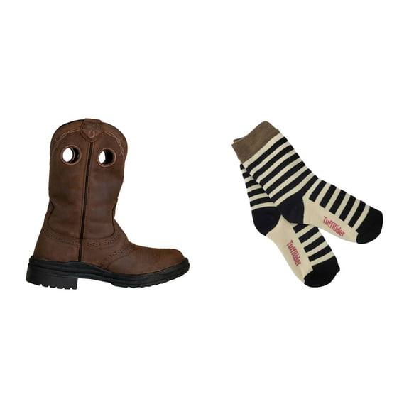TuffRider Ladies Leigh Round Toe Western Boot- Brown- 10 With Free Assorted Striped Socks