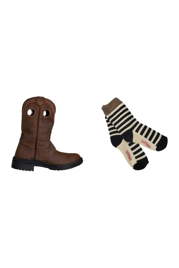 Ladies Leigh Round Toe Western Boot- Brown- 7.5 With Free Assorted Striped Socks