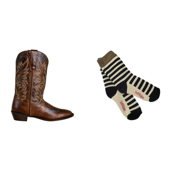 TuffRider Ladies Moran Square Toe Western Boot- Brown- 8 With Free Assorted Striped Socks