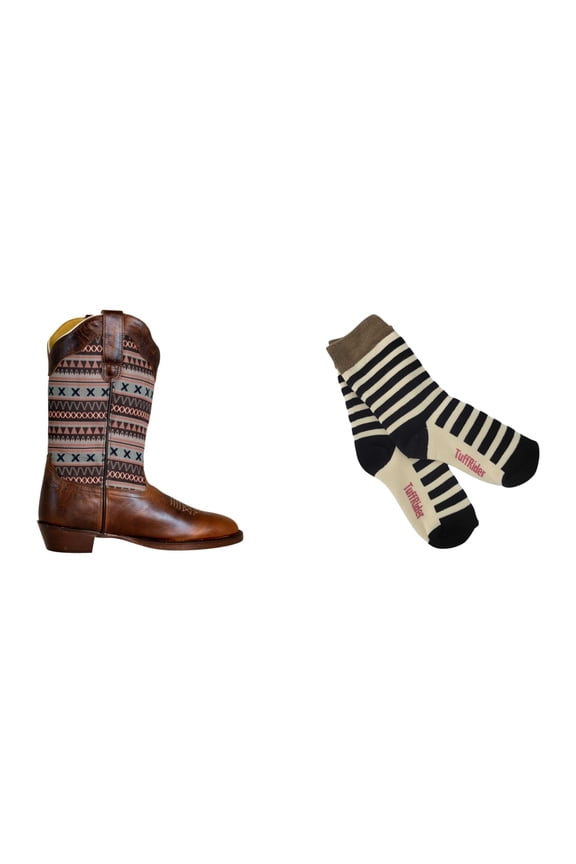 Ladies String Square Toe Western Boot- Brown- 6.5 With Free Assorted Striped Socks