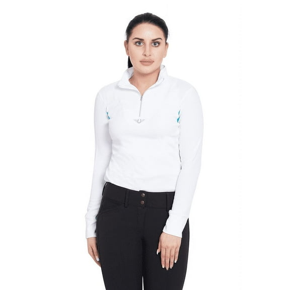TuffRider Ladies Ventilated Technical Long Sleeve Sport Shirt - White/Ocean - L