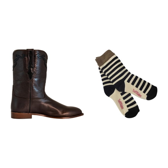 TuffRider Men's El Paso Western Round Toe Boot- Premium Tan Leather- 8.5 With Free Assorted Striped Socks