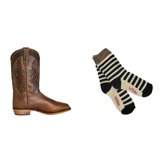 TuffRider Men's Grand Canyon Wide Square Toe Western Boot- Brown- 11.5 With Free Assorted Striped Socks