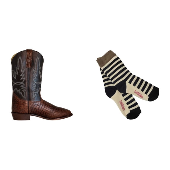 TuffRider Men's Grant Wide Square Toe Western Boot- Brown- 7.5 With Free Assorted Striped Socks