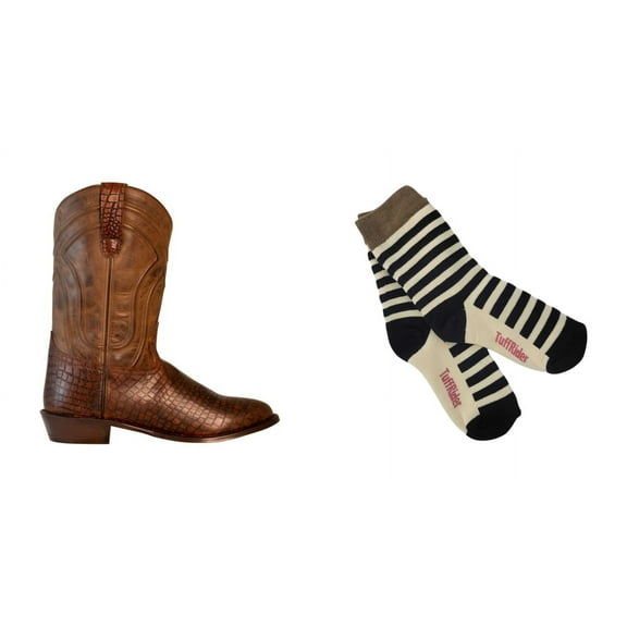 TuffRider Men's Hayden Wide Round Toe Western Boot- Brown- 10 With Free Assorted Striped Socks