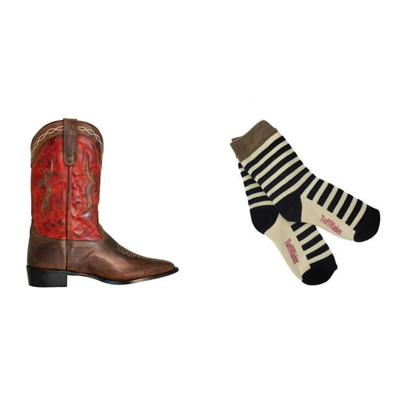 TuffRider Men's Mammoth Square Toe Western Boot- Brown- 12 With Free Assorted Striped Socks