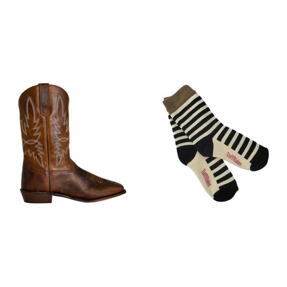 TuffRider Men's Old Faithful Wide Square Toe Western Boot- Brown- 9.5 With Free Assorted Striped Socks