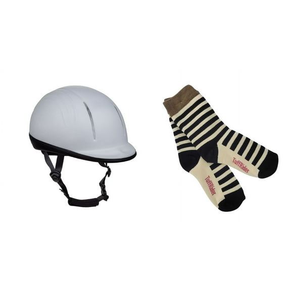 TuffRider Starter Basic Horse Riding Helmet Protective Head Gear for Equestrian Riders with Assorted Stripe Socks-White-L