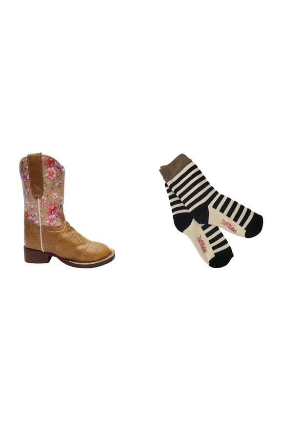 Toddler Dunes Square Toe Western Boot- Tan Floral- 6T With Free Assorted Striped Socks