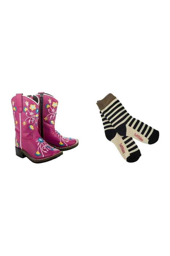Toddler Floral Cowgirl Western Boot- 4T- Hot Pink With Free Assorted Striped Socks