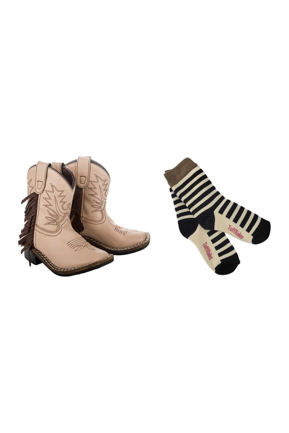 Toddler Fringe Bootie- 4T - Tan With Free Assorted Striped Socks