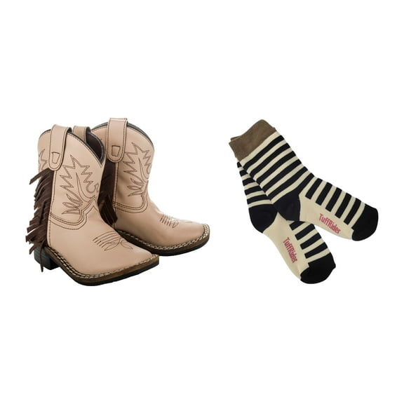 TuffRider Toddler Fringe Bootie- 5T - Tan With Free Assorted Striped Socks