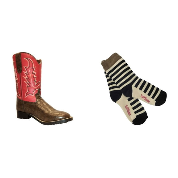 TuffRider Toddler Redwood Square Toe Western Boot- Brown w/ Red- 4T With Free Assorted Striped Socks