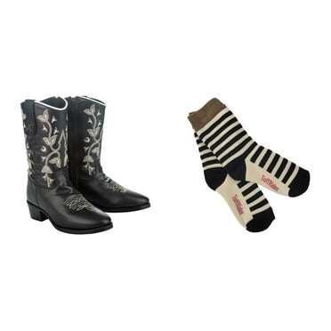 TuffRider Youth Black Floral Western Boot- 4- Black With Free Assorted Striped Socks