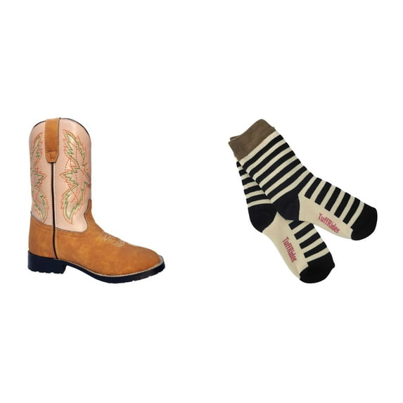 TuffRider Youth Everglades Square Toe Western Boot- Tan w/ Light Tan- 5Y With Free Assorted Striped Socks