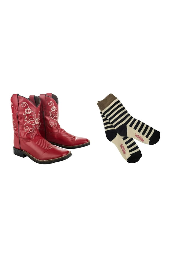 Youth Fire Red Floral Western Boot- 4- Red With Free Assorted Striped Socks