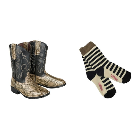 TuffRider Youth Snake In My Boot Western Boot- 4- Black-Orange With Free Assorted Striped Socks