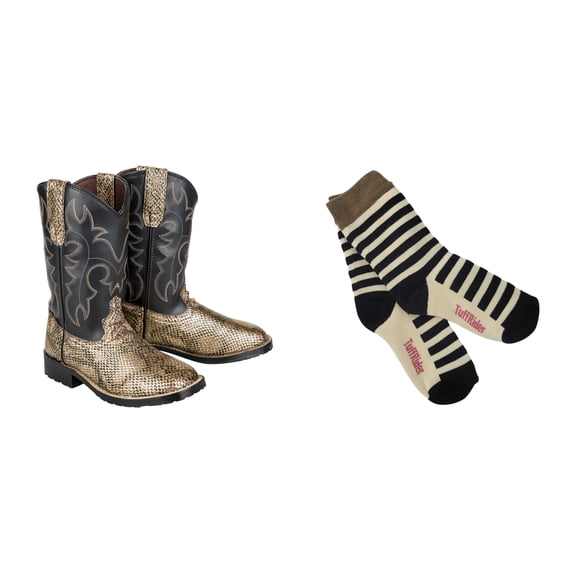 TuffRider Youth Snake In My Boot Western Boot- 7- Black-Orange With Free Assorted Striped Socks