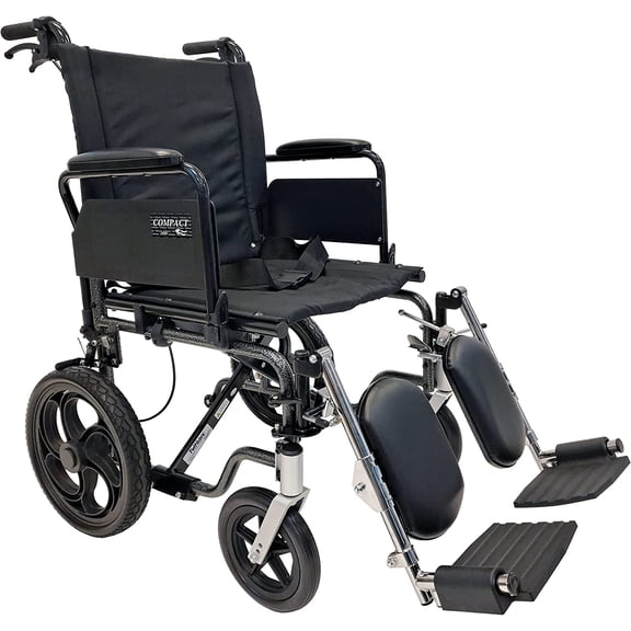 Tuffcare Compact High Strength Lightweight Transport Chair with Locking Hand Brakes, 12" Rear Wheels, Swing Back Arms and Anti-Tippers (Narrow 16", Legrest)