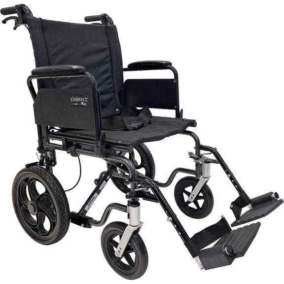 Tuffcare Compact High Strength Lightweight Transport Chair with Locking Hand Brakes, 12" Rear Wheels, Swing Back Arms and Anti-Tippers (Wide 20", Footrest)