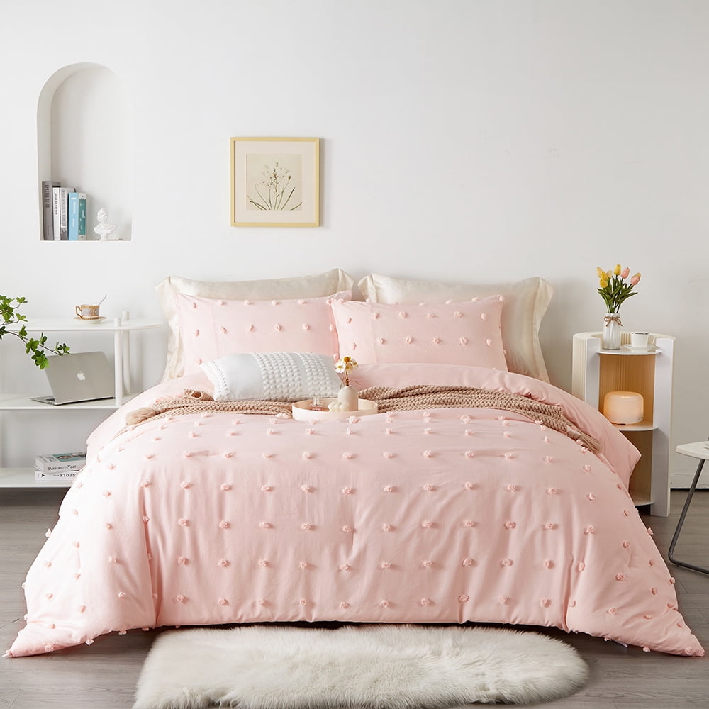 Tufted Twin Comforter Set (68x90 inches), 2 Pieces- Soft Cotton Jacquard Lightweight  Comforter with 1 Pillowcase, Chenille Dots All Season Down Alternative Comforter  Set for Bedding, Pink 