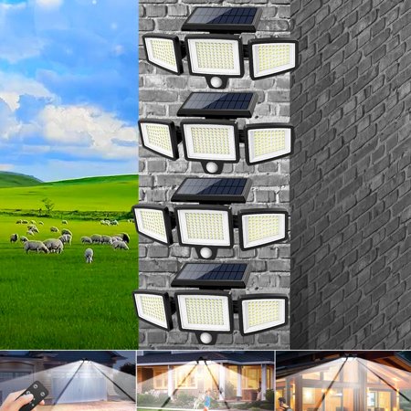 Tuffenough Solar Outdoor Lights 2500LM 210 LED Security Lights with Remote Control,3 Heads Motion Sensor Lights, IP65 Waterproof,270° Wide Angle Flood Wall Lights with 3 Modes(1 Packs)
