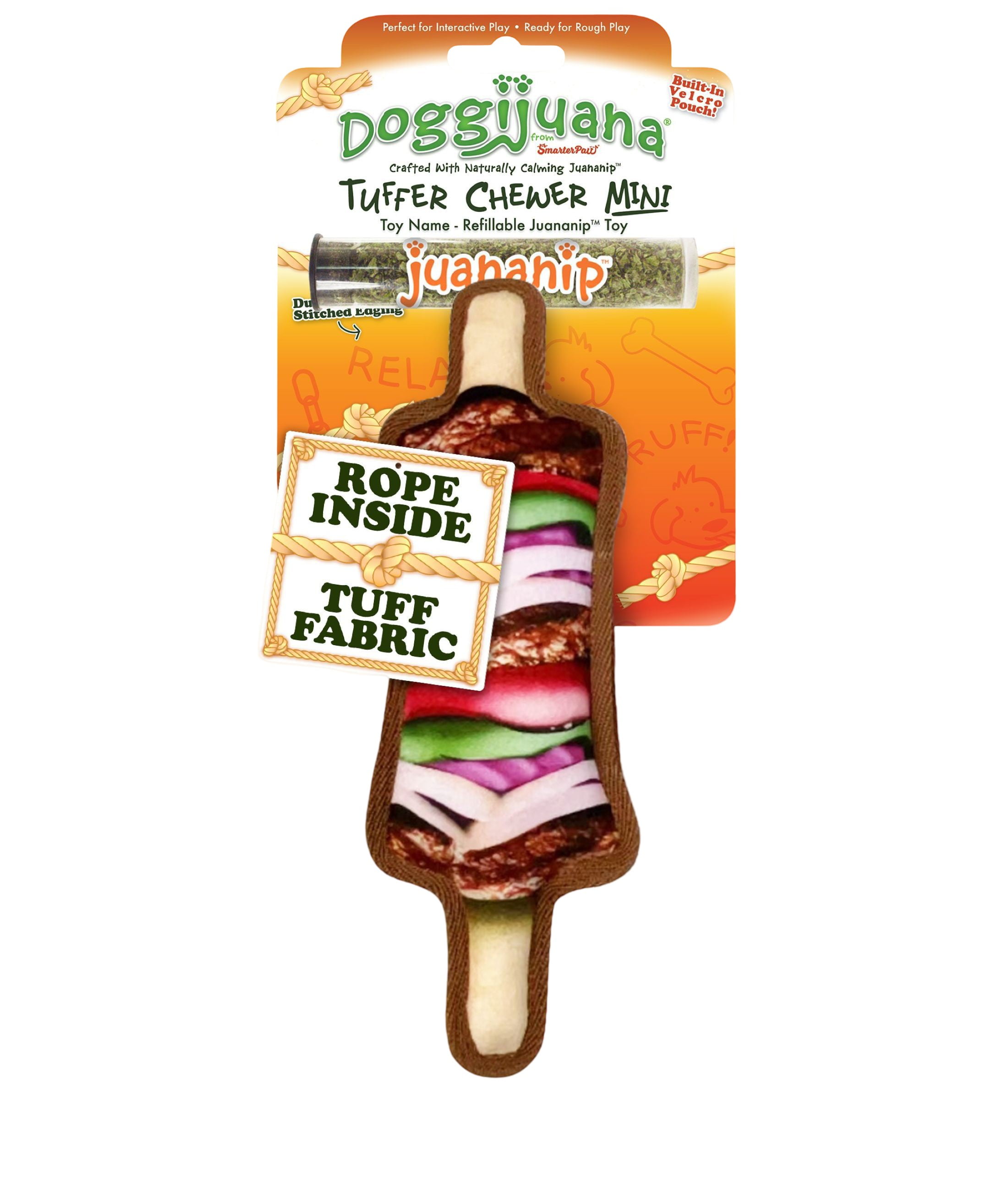 Doggijuana Tuffer Chewer Plush Dog Toy with Juananip Catnip, Squeaky Refillable Toy, Kebab