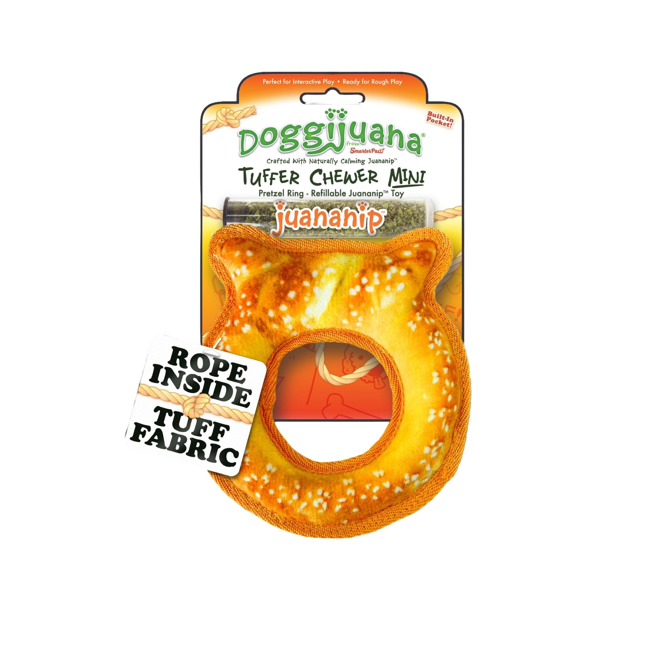 Doggijuana Tuffer Chewer Plush Dog Toy with Juananip Catnip, Squeaky Refillable Toy, Pretzel Ring