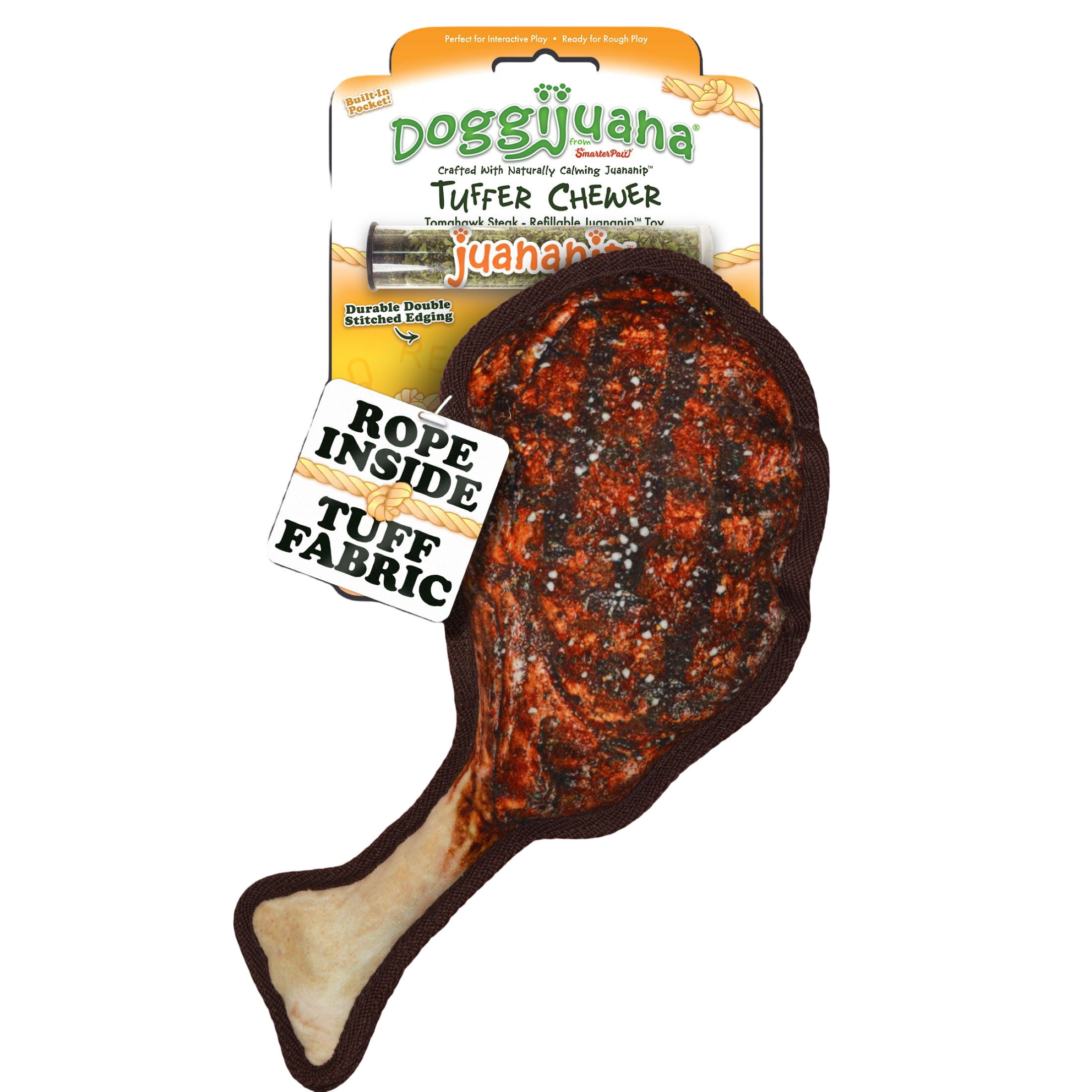 Doggijuana Tuffer Chewer Plush Dog Toy with Juananip Catnip, Squeaky Refillable Toy, Tomahawk Steak