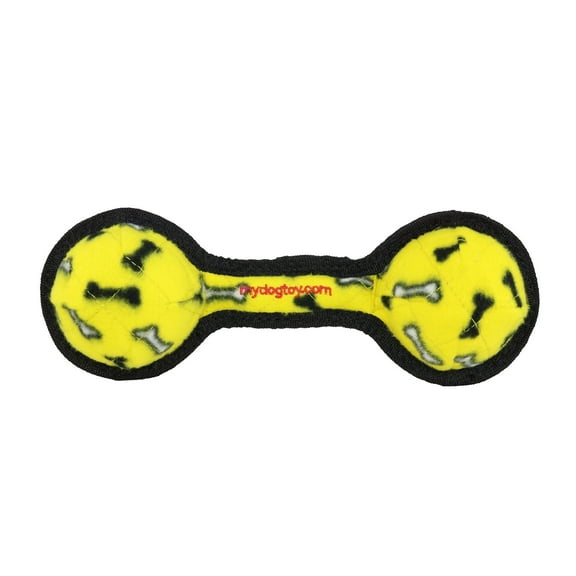 Tuffy Jr 2 Ball Tug Yellow Bone, Durable Squeaky Dog Toy