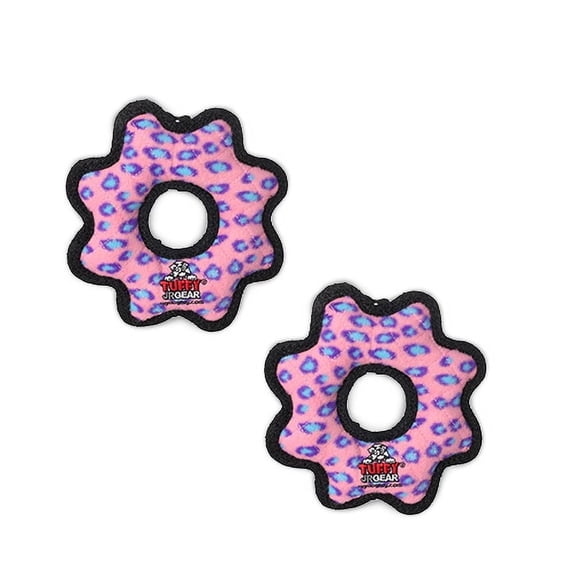 Tuffy Jr Gear Ring Pink Leopard, 2-Pack, Durable Plush Squeaky Dog Toys