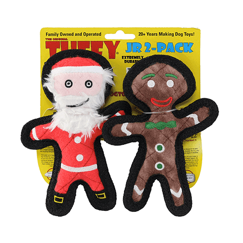 TUFFY Jr Holiday Gingerbread Man and Santa Durable Plush Squeaky Dog Toy, 2-Pack