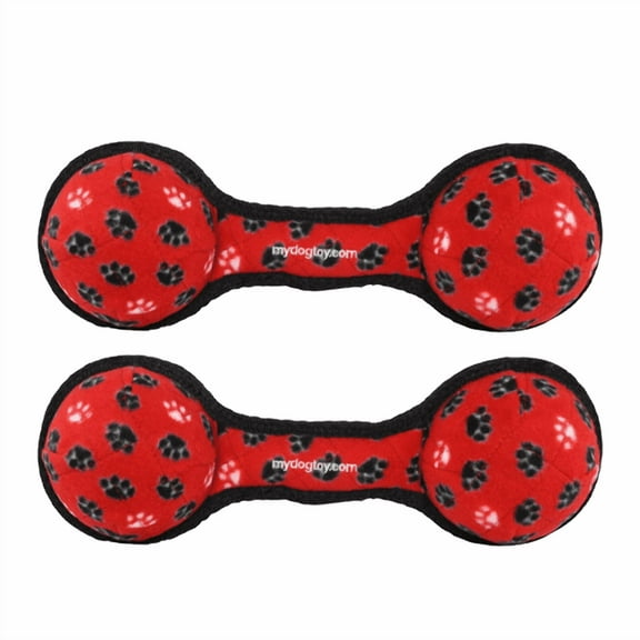 Tuffy Ultimate 2 Ball Tug Red Paw Durable Plush Squeaky Dog Toys, 2 Pack