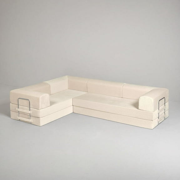 TUFT & FINCH Premium Modern L Shaped Boneless Couch, Cloud Couch, Convertible Sleeper Sofa Pull-Out Bed, Washable Corduroy Covers, Modular Sectional for Living Room- Seashell - Cream