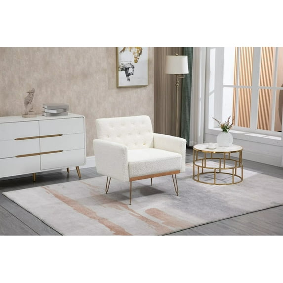 Tufted Accent Chair,Leisure Single Sofa with Rose Golden Feet,Upholstered Modern Reading Chair Comfy Armchair for Living Room Bedroom Office,White Teddy