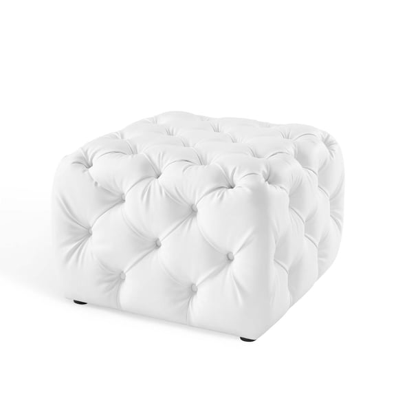Tufted Accent Chair Ottoman, Square, Faux Leather, White, Modern Contemporary Urban Design, Living Lounge Room Hotel Lobby Hospitality