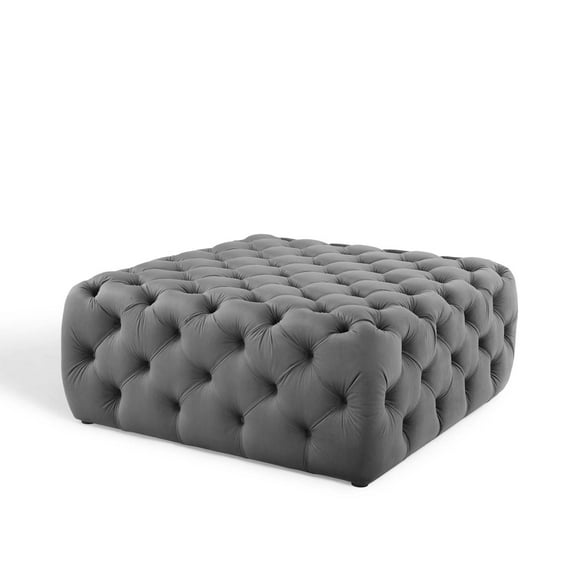 Tufted Accent Chair Ottoman, Square, Velvet, Grey Gray, Modern Contemporary Urban Design, Living Lounge Room Hotel Lobby Hospitality