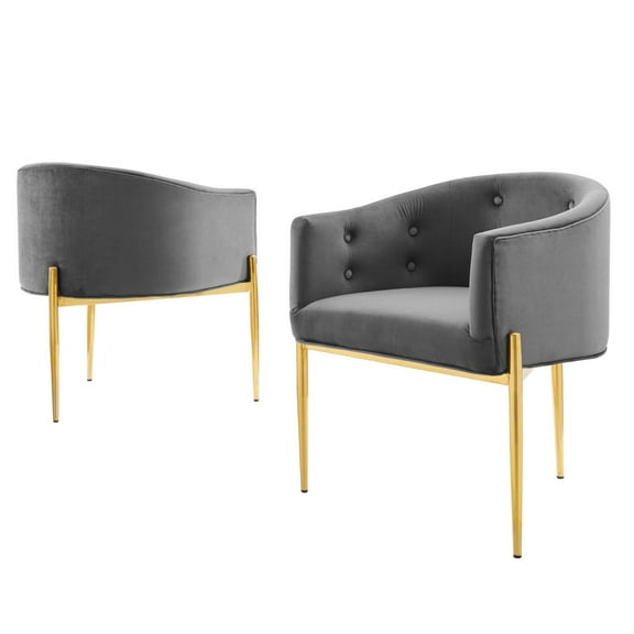 Tufted Accent Chair, Set of 2, Velvet, Metal Steel, Grey Gray, Modern Contemporary Urban Design, Living Lounge Room Hotel Lobby Hospitality