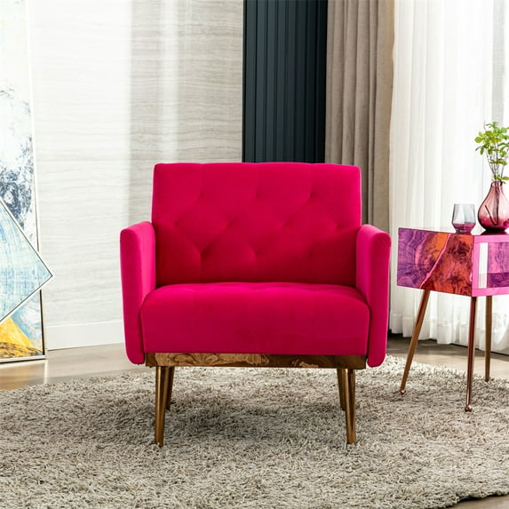 Tufted Accent Chair with Wide Back and Thick Padded Seat, Velvet Upholstered Single Sofa Chair with Rose Golden Feet, Comfy Living Room Chairs Side Chair Reading Armchair, Rose Red