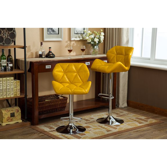 Tufted Adjustable Height Hydraulic Bar Stools, Set, Yellow, Faux Leather