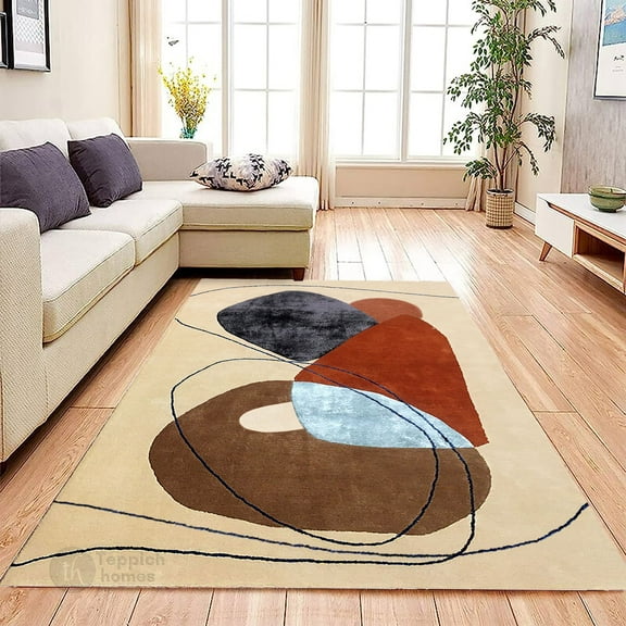 Tufted Area Rug, Beige Carpet 5X7, Living Room, Hallway, Silk Rugs, Geometric Design