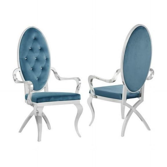 Tufted Arm Chairs in Teal Blue Velvet and Silver Stainless Steel (Set of 2)