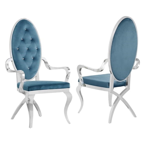 Tufted Arm Chairs in Teal Blue Velvet and Silver Stainless Steel (Set of 2)