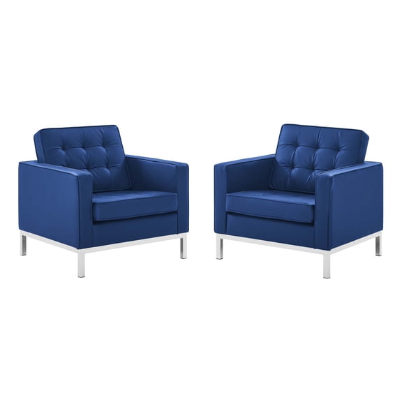Tufted Armchair Accent Chair, Set of 2, Faux Leather, Silver Blue Navy, Modern Contemporary Urban Design, Living Lounge Room Hotel Lobby Hospitality