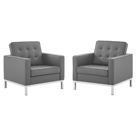 Tufted Armchair Accent Chair, Set of 2, Faux Leather, Silver Grey Gray, Modern Contemporary Urban Design, Living Lounge Room Hotel Lobby Hospitality