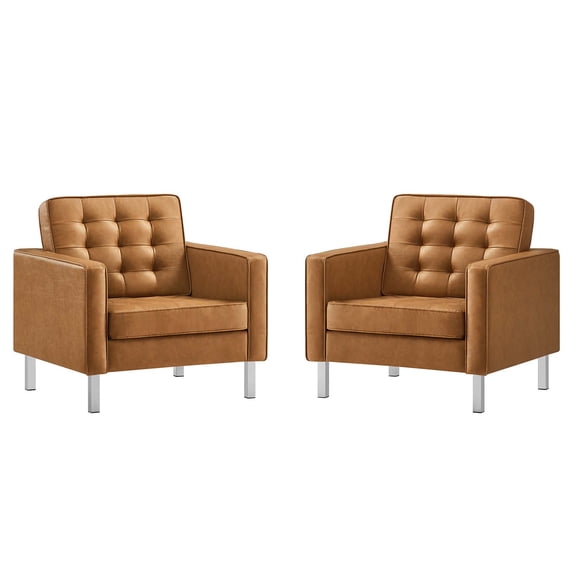 Tufted Armchair Accent Chair, Set of 2, Tan, Vegan Leather, Living Kitchen Cafe Bistro Hospitality Restaurant, Modern Contemporary HB36897