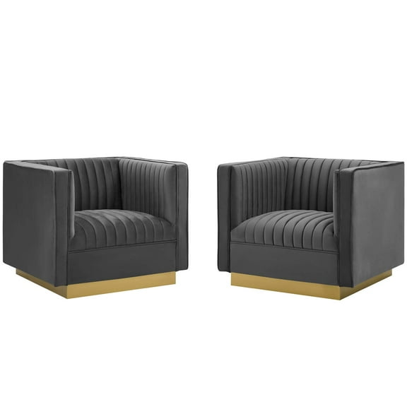 Tufted Armchair Accent Chair, Set of 2, Velvet, Grey Gray, Modern Contemporary Urban Design, Living Lounge Room Hotel Lobby Hospitality